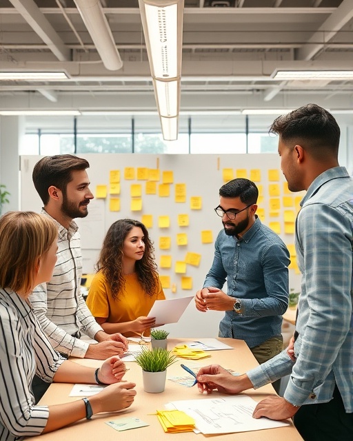 collaborative brainstorming, inspired, generating innovative solutions, photorealistic, open-plan office filled with sticky notes and sketches, highly detailed, lively interaction, 24mm lens, bright colors, overhead lighting