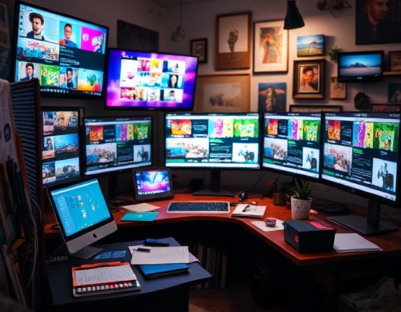 innovative editorial design, creative, arranging colorful layouts, photorealistic, studio filled with digital screens and art supplies, highly detailed, interplay of digital interfaces, low aperture for shallow depth of field, vivid colors, ambient lighting, shot with a 35mm lens.