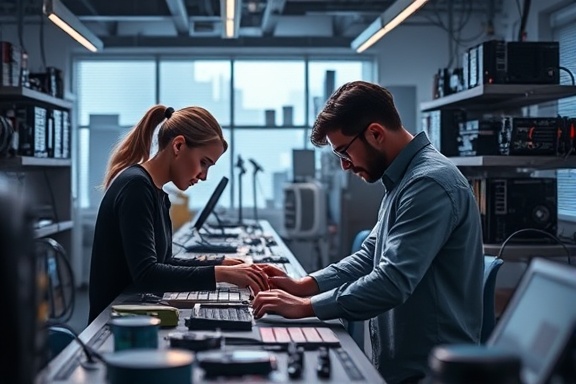 collaborative innovation, optimistic, crafting futuristic concepts, photorealistic, state-of-the-art tech lab, highly detailed, creative atmosphere buzzing with gadgets, 85mm lens, soft colors, moody lighting