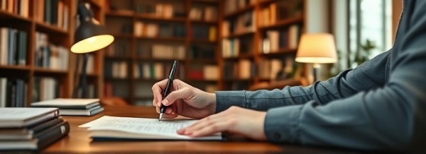 meticulous editorial work, thoughtful, analyzing drafts and papers, photorealistic, cozy study room lined with bookshelves, highly detailed, subtle motions of pen on paper, high-resolution clarity, neutral tones, desk lamp lighting, shot with an 85mm lens.
