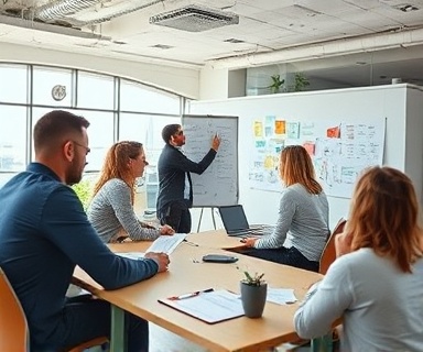 dynamic editorial project, engaging, strategizing with brainstorming sessions, photorealistic, open-plan workspace with collaborative areas, highly detailed, exchange of ideas with whiteboard notes, wide angle for capturing group, bright colors, natural daylight, shot with a 24mm lens.