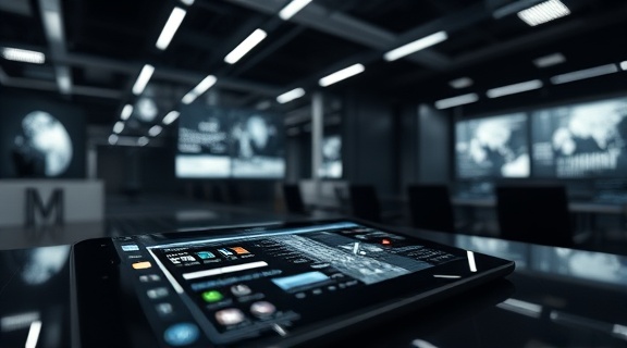 future-focused editorial strategy, visionary, planning campaigns and goals, photorealistic, sleek office environment with multimedia systems, highly detailed, interactive tablet interfaces, macro close-up for detail, monochrome accents, focused lighting, shot with a macro lens.
