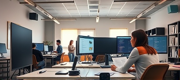 collaborative editorial project, enthusiastic, drafting and editing articles, photorealistic, spacious media lab with diverse devices, highly detailed, teamwork and screen sharing, fine grain texture, pastel hues, spotlight ceiling lights, shot with a 28mm lens.