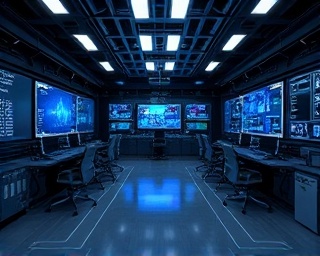 synergetic systems, interconnected expression, operating efficiently, photorealistic, high-tech control room, highly detailed, pulsating data streams, 8k quality, monochromatic scheme, focused LED lighting, shot with a wide-angle lens.