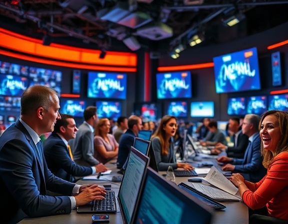 dynamic media outreach, enthusiastic expression, engaging with diverse audiences, photorealistic, bustling newsroom with multiple screens, highly detailed, reporters typing and discussing strategy, HDR, lively colors, overhead lighting, shot with a 50mm lens.
