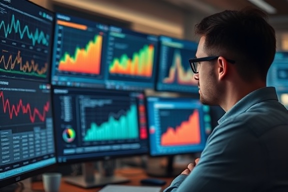 impactful media impact, inspired expression, analyzing data trends, photorealistic, office workspace with charts and graphs on screens, highly detailed, animated dynamic charts moving, sharp focus, rich tones, ambient lighting, shot with a macro lens.