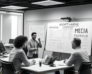 strategic media promotion, confident expression, planning campaign strategies, photorealistic, conference room with marketing banners and planners, highly detailed, team collaborating and whiteboards covered in notes, fine detail, crisp monochromes, soft focus lighting, shot with a wide-angle lens.