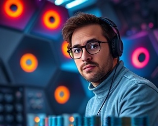 revolutionary amplification concept, curious expression, experimenting with sound waves, photorealistic, futuristic lab with intricate acoustic panels, highly detailed, sound waves visualized in colorful patterns, high fidelity, bold colors, LED lighting, shot with a 24mm lens.