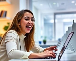 proactive media outreach, excited expression, connecting through social media platforms, photorealistic, digital workspace with multiple devices, highly detailed, notifications popping and virtual interactions, glossy finish, pastel hues, diffused lighting, shot with a prime lens.