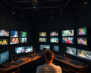 comprehensive media coverage, analytical expression, reviewing past footage, photorealistic, editing room with multiple editing bays, highly detailed, screens displaying different clips, detailed textures, muted tones, overhead track lighting, shot with a zoom lens.