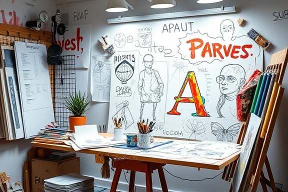 artistic whitepaper illustration, creative expression, inspiring curiosity, photorealistic, artist's studio filled with sketches and drafts, highly detailed, abstract art forms and splashes, detailed imagery, vibrant color gradients, spotlight lighting, shot with a macro lens