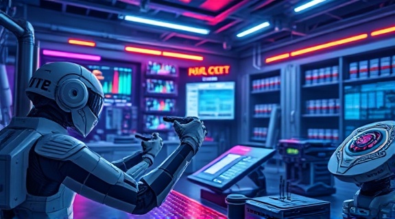 futuristic whitepaper template, visionary expression, forecasting trends, photorealistic, high-tech digital lab, highly detailed, integrated AI visual aids and cyborg elements, 8k resolution, neon highlights, backlit illumination, shot with an ultra-wide lens