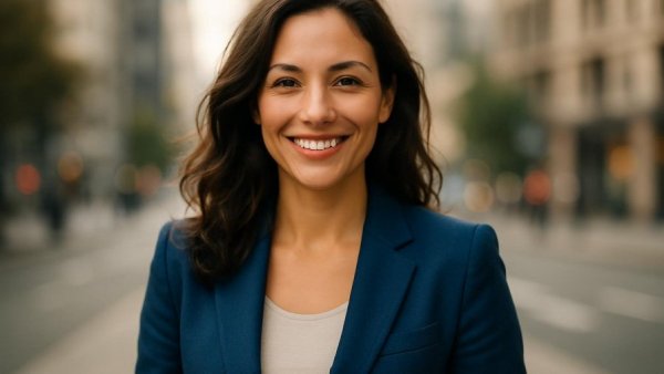 Smiling woman in blue blazer, urban scene reflecting New Jersey's focus on tax priorities.