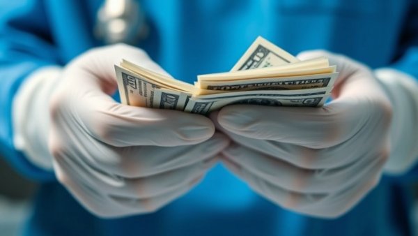 Medical financial concept with gloved hands counting money.