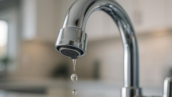 Close-up of chrome faucet with droplet, New Jersey American Water investment.