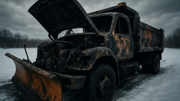 Plow truck fire Hunterdon County: Burned plow truck with opened hood.