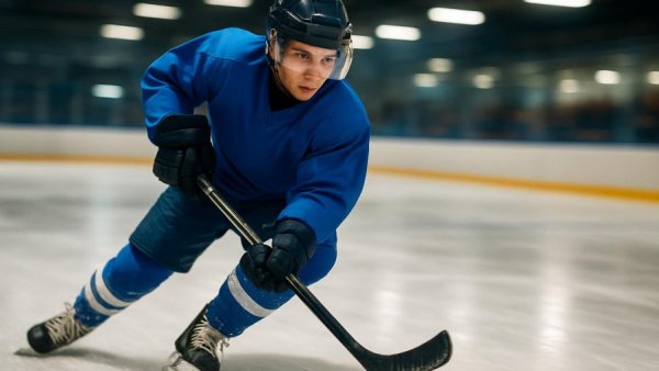 Top boys hockey junior in New Jersey skating with focus on ice.