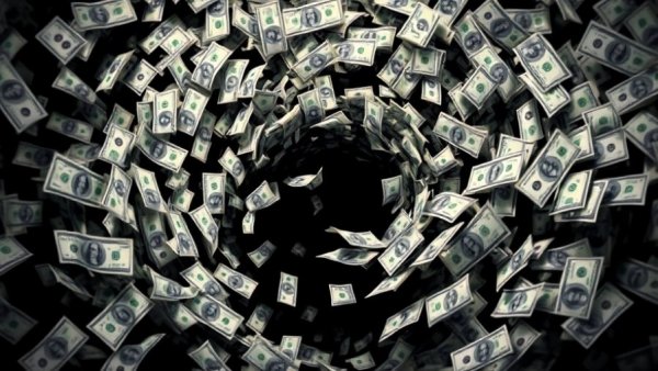 Dollar bills swirling into a black hole symbolizing Medicare costs.