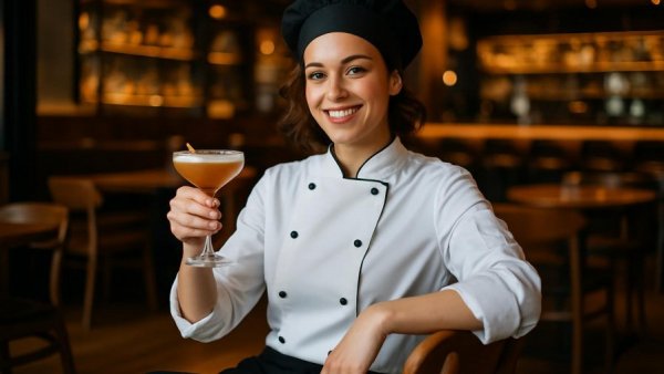 Confident chef holding cocktail in a modern restaurant.