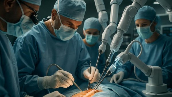 Surgical team performing robotic-assisted spine surgery in high-tech operating room.