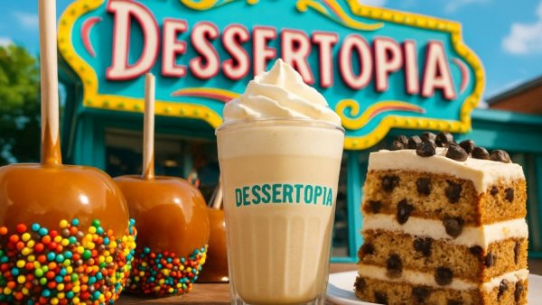 Dessertopia Morristown 2026 delights: chocolate apples, milkshake, cake.