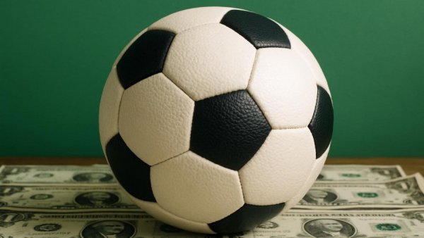 Soccer ball with money, sports finance theme, green backdrop.