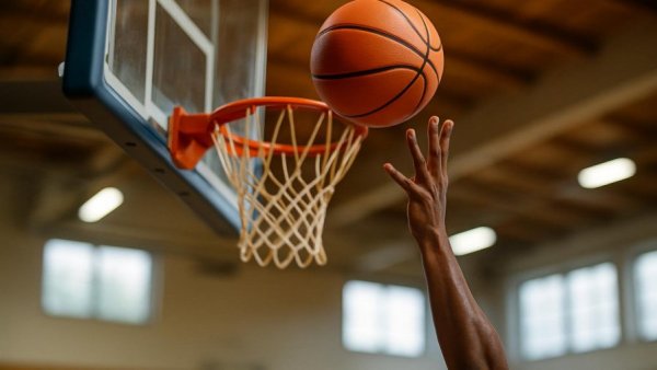 Paramus girls basketball victory capture with ball near hoop.