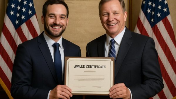 Public service recognition in Hunterdon County, two men with certificate and flags.