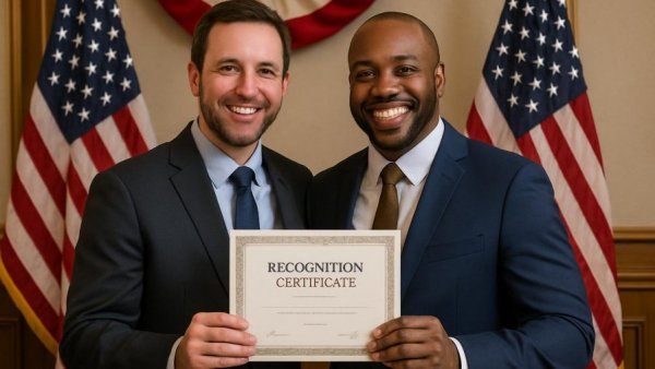 Two men celebrating a 40 years of public service award with flags.