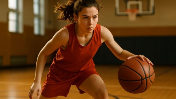 Mia Washington excelling in a basketball game at Pope John.