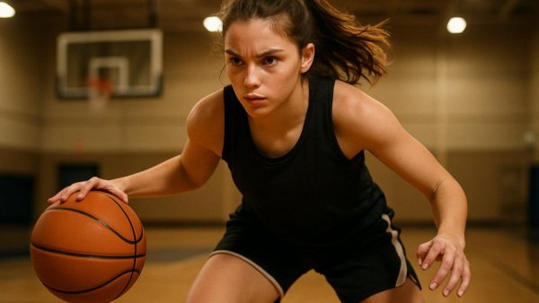 Pope John girls basketball player dribbling in game action.