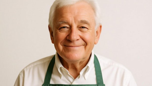 Cheerful older man in green apron smiling in studio, NJ.