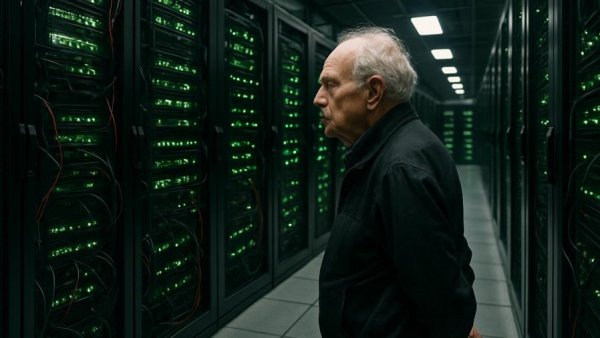 Elderly man inspects server racks in NVIDIA CoreWeave AI Factory.