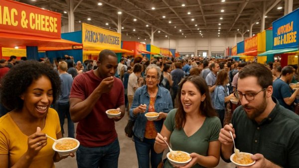 Lively Mac and Cheese Festival in Morristown with crowds and booths.