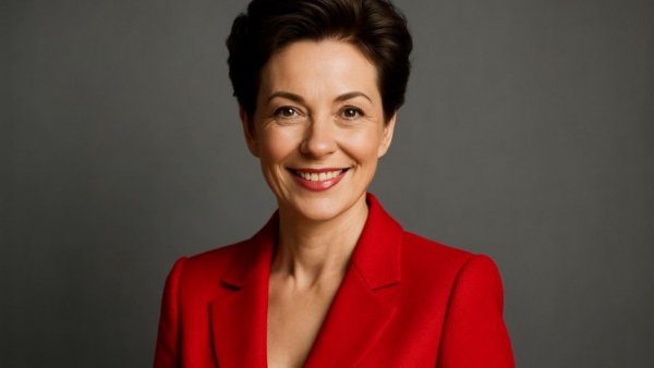Smiling woman in red jacket, professional portrait