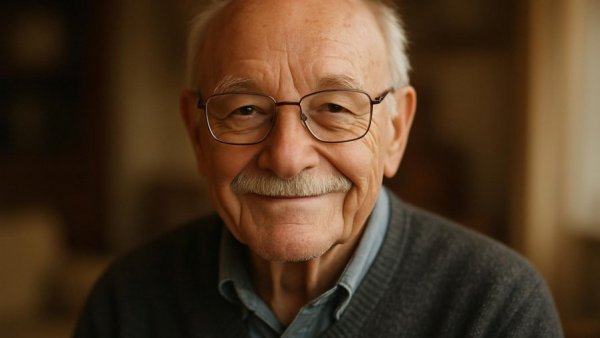 Close-up of elderly man smiling warmly in a documentary setting.