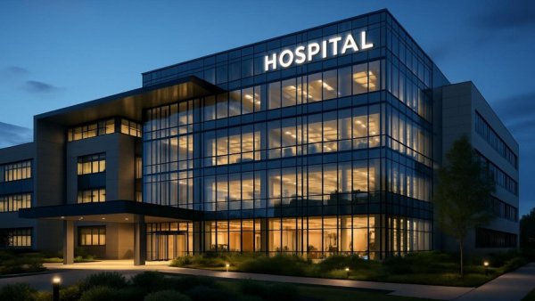 Modern New Jersey hospital at dusk with glass facade.