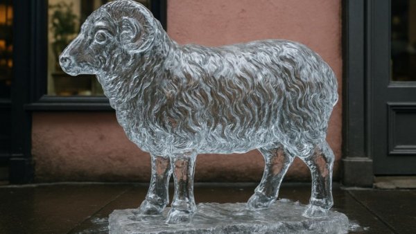 Ice sculpture displayed in New Jersey winter event outside shop.