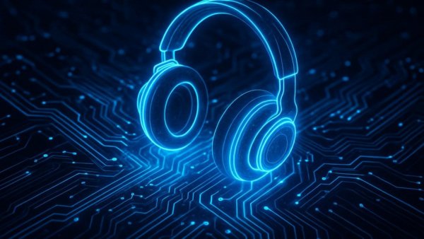 Futuristic digital illustration of headphones, Kristi Noem resignation update.