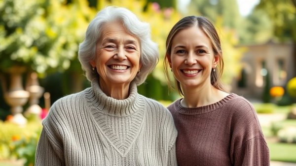 Joyful elderly and younger woman embrace outdoors, future of senior living.