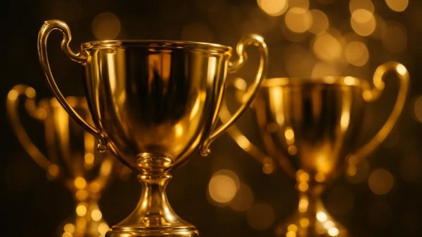 Golden trophies for 2026 Director of the Year Awards, sparkling light.