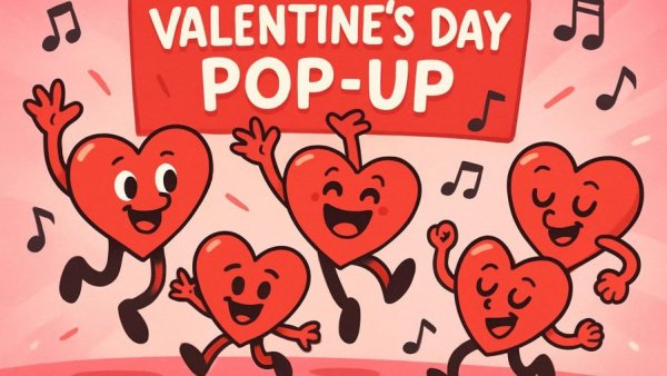 Bell Works Valentine’s Day Markets pop-up event graphic with heart characters.