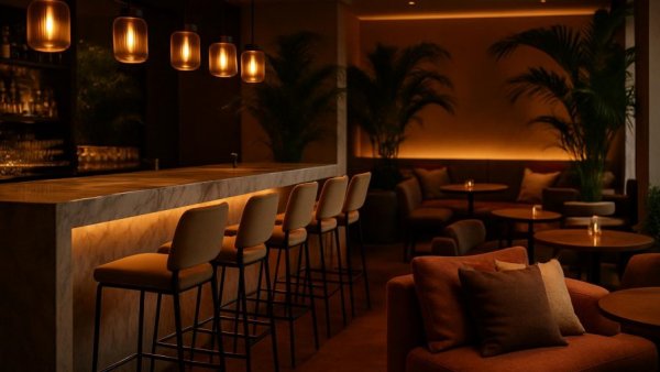 Elegant Hoboken waterfront restaurant interior with marble bar.