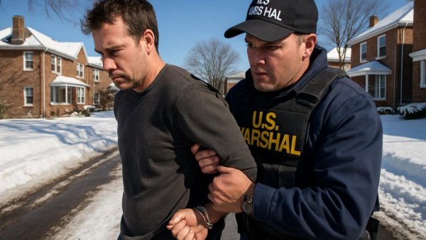 U.S. Marshal arrest on snowy street highlighting law enforcement.