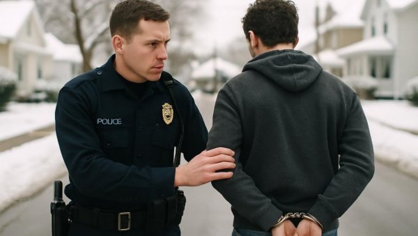 Law enforcement officer escorting suspect on snowy street related to female politicians safety.