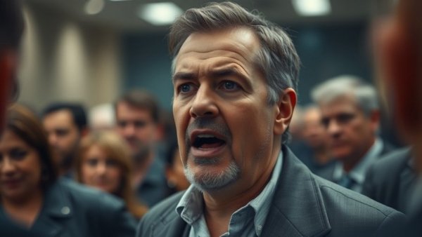 Passionate middle-aged man speaking in a crowded indoor space.