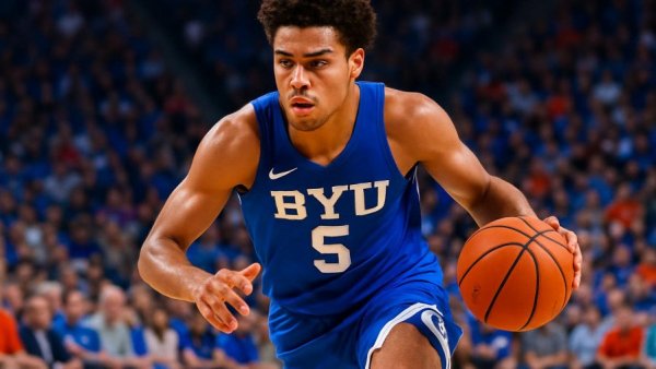 Player dribbling in BYU basketball game, action shot.