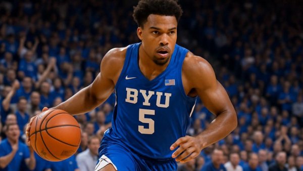BYU men's basketball player in action against Kansas