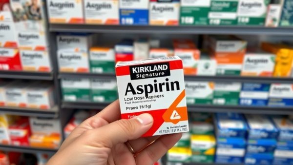 Hand holding Kirkland Low Dose Aspirin package, medicine aisle background.