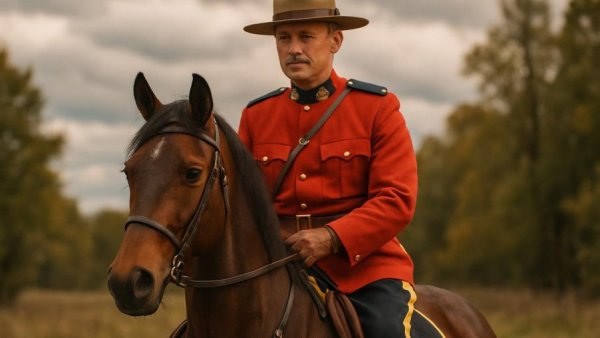 Mountie riding horse in a rural setting with cloudy sky